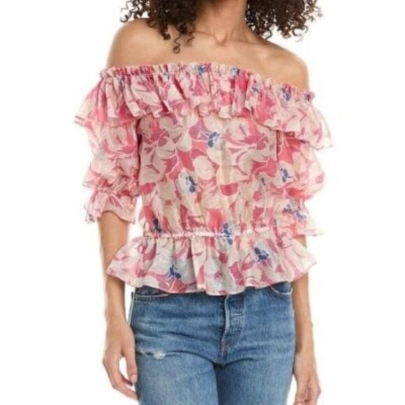 NEW Ted Baker Ruffle Off Shoulder Blouse Floral Pink Plus Size 14 NWOT - Picture 1 of 1